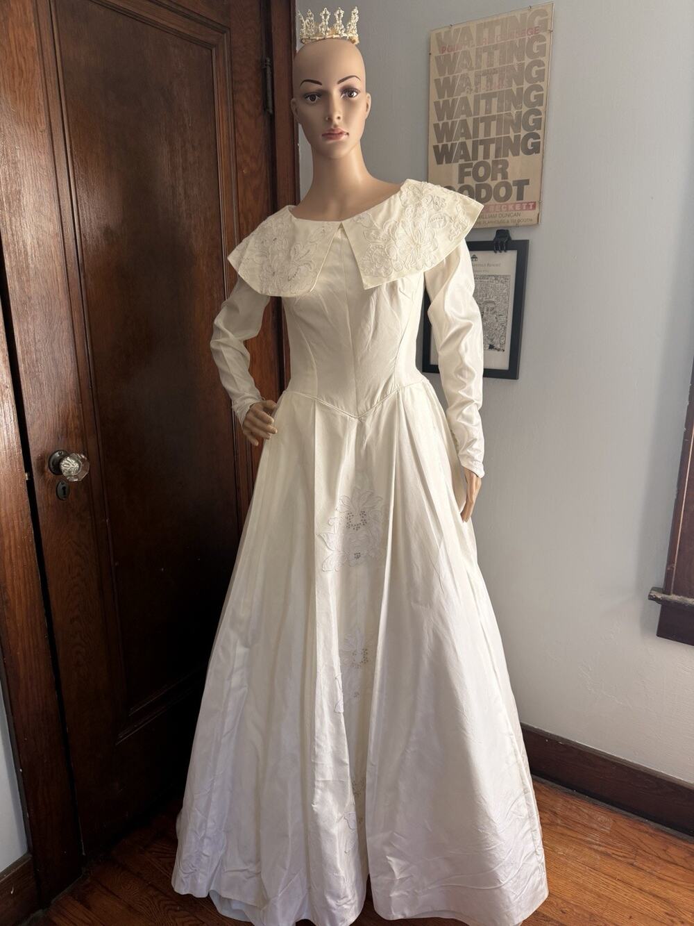 Vintage 1960 White Beaded Taffeta Wedding Dress and Crown Veil Size M